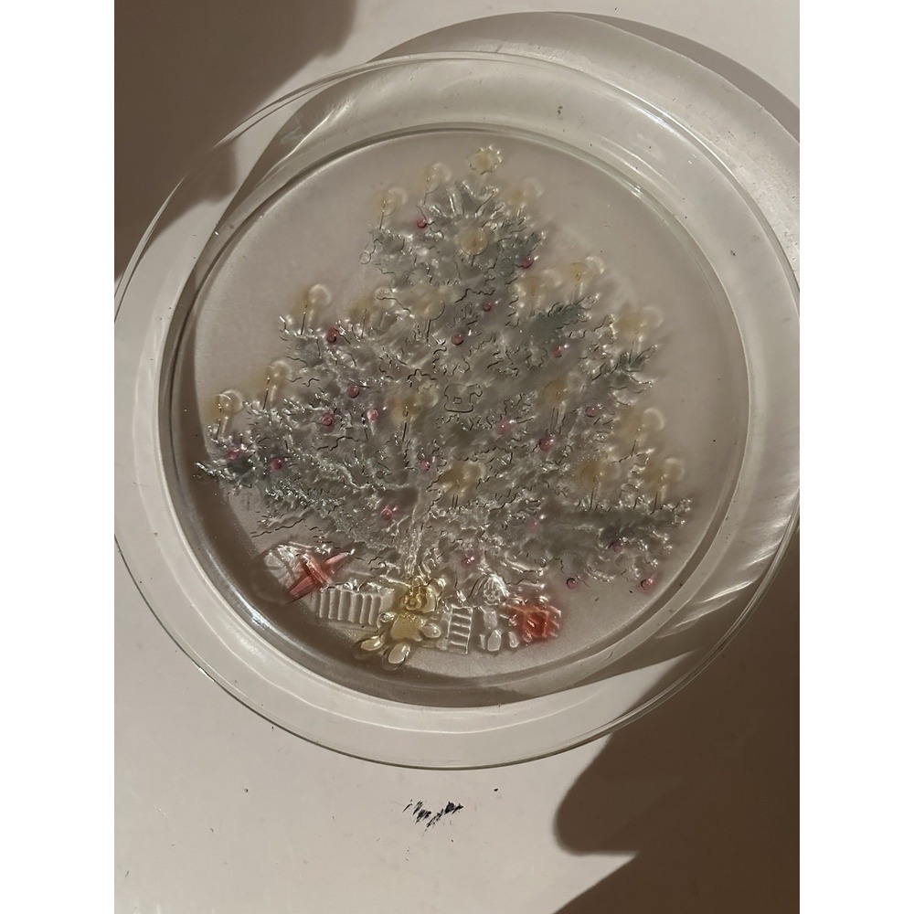 Embossed Indiana Glass Holiday Platter Clear Red Gold Christmas Tree Presents